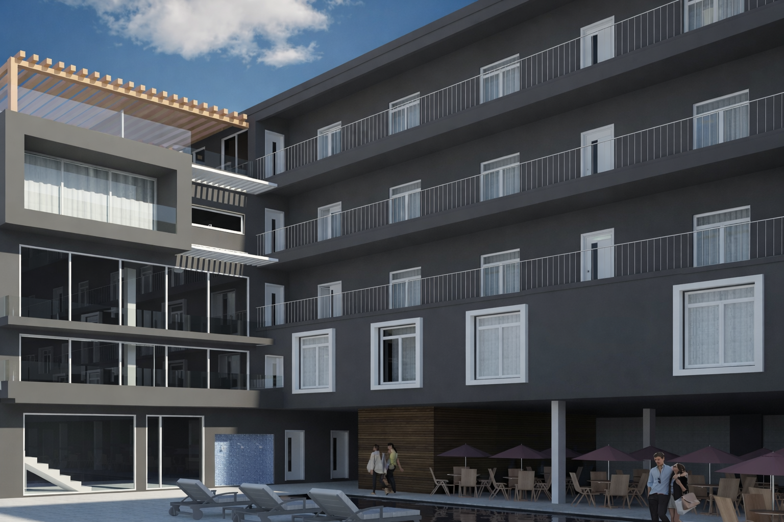 Residencial Mizé façade and outdoor pool area