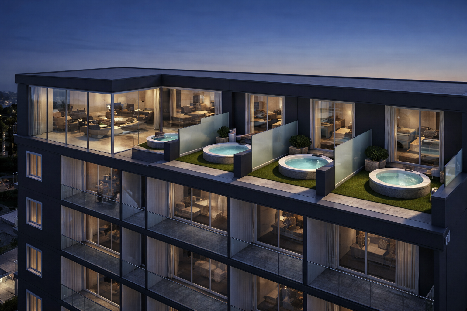 Residencial Mizé rooftop with jacuzzis at night