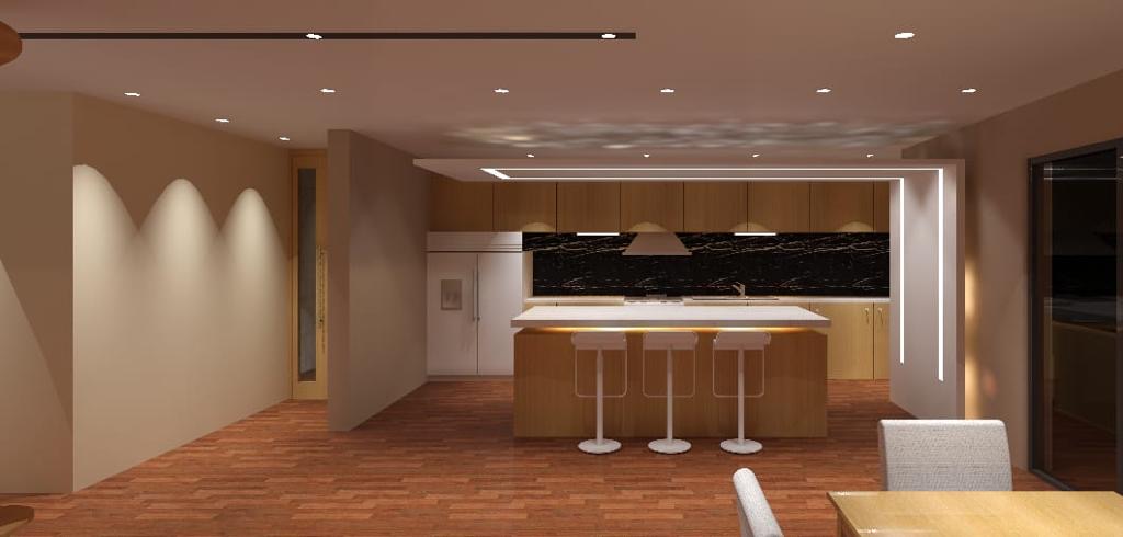 T3 apartment master suite kitchen and social area